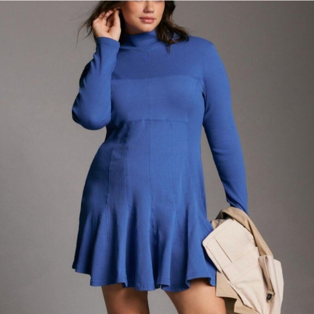 Anthropologie Blue Mock Neck Cuffed Sleeve Sweater Dress